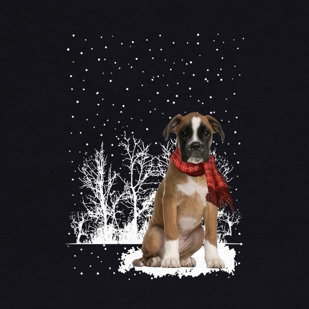 Christmas Boxer With Scarf In Winter Forest by Tagliarini Kristi